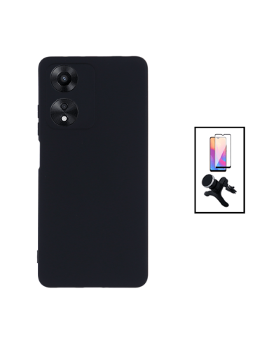 Kit Película de Vidro Temperado 5D Full Cover + Capa Silicone Líquido + Suporte Magnético de Carro Reforçado para Oppo A17 - Pre