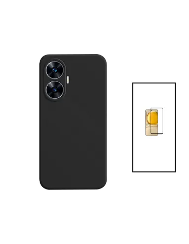 Kit Vidro Premium Full Cover + Capa Silicone Líquido para Realme C55 - Preto