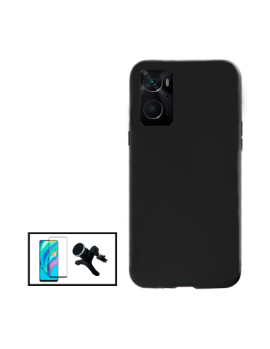 Kit Película de Vidro Temperado 5D Full Cover + Capa Silicone Líquido + Suporte Magnético de Carro Reforçado para Oppo A76 - Pre