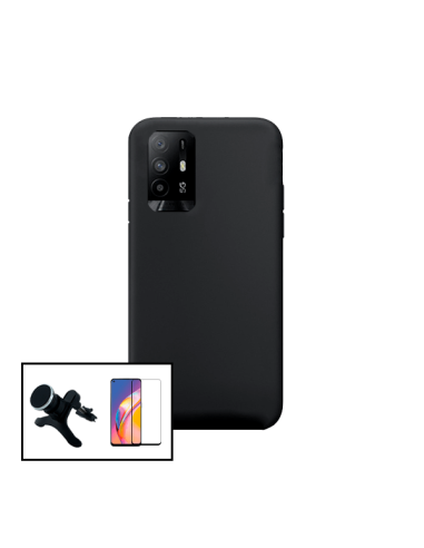 Kit Película de Vidro Temperado 5D Full Cover + Capa Silicone Líquido + Suporte Magnético de Carro Reforçado para Oppo A95 5G