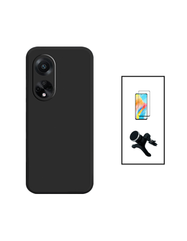 Kit Película de Vidro Temperado 5D Full Cover + Capa Silicone Líquido + Suporte Magnético de Carro Reforçado para Oppo A98 5G - 