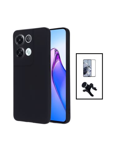 Kit Película de Vidro Temperado 5D Full Cover + Capa Silicone Líquido + Suporte Magnético de Carro Reforçado para Oppo Reno8 Pro