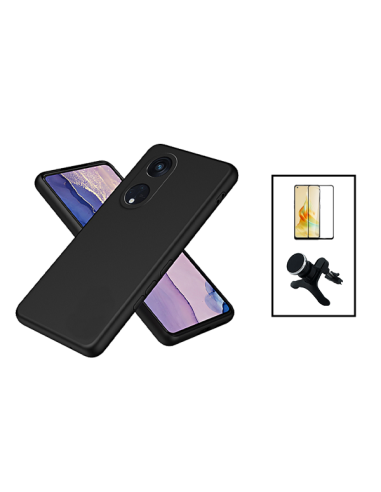 Kit Película de Vidro Temperado 5D Full Cover + Capa Silicone Líquido + Suporte Magnético de Carro Reforçado para Oppo Reno8T 4G