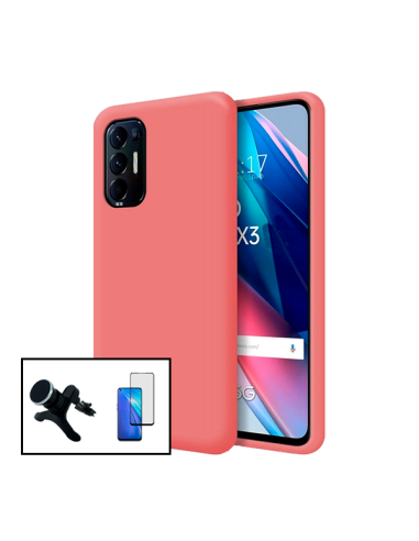 Kit Película de Vidro Temperado 5D Full Cover + Capa Silicone Líquido + Suporte Magnético de Carro Reforçado para Oppo Reno5 Pro