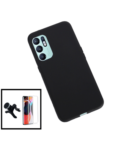 Kit Película de Vidro Temperado 5D Full Cover + Capa Silicone Líquido + Suporte Magnético de Carro Reforçado para Oppo Reno6