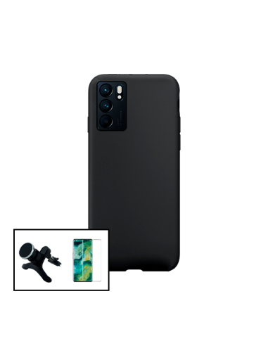 Kit Película de Vidro Temperado 5D Full Cover + Capa Silicone Líquido + Suporte Magnético de Carro Reforçado para Oppo Reno6 5G