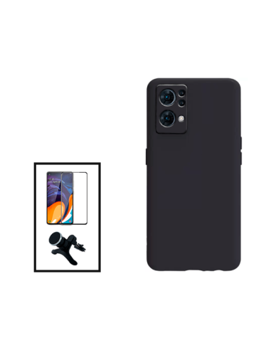 Kit Película de Vidro Temperado 5D Full Cover + Capa Silicone Líquido + Suporte Magnético de Carro Reforçado para Oppo Reno7 Pro