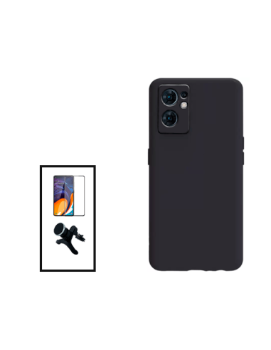 Kit Película de Vidro Temperado 5D Full Cover + Capa Silicone Líquido + Suporte Magnético de Carro Reforçado para Oppo Reno7 SE 