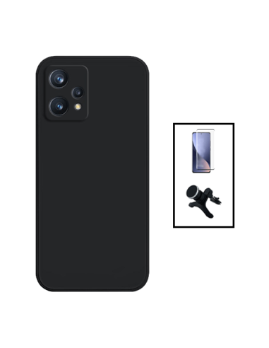 Kit Película de Vidro Temperado 5D Full Cover + Capa Silicone Líquido + Suporte Magnético de Carro Reforçado para Realme 9 5G - 