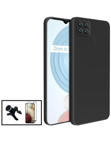 Kit Película de Vidro Temperado 5D Full Cover + Capa Silicone Líquido + Suporte Magnético de Carro Reforçado para Realme C25Y - 