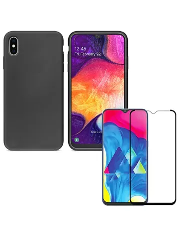 Kit Vidro Premium Full Cover + Capa Silicone Líquido para Samsung Galaxy A30s - Preto