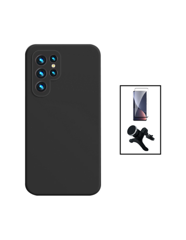 Kit Película de Vidro Temperado 5D Full Cover + Capa Silicone Líquido + Suporte Magnético de Carro Reforçado para Samsung Galaxy