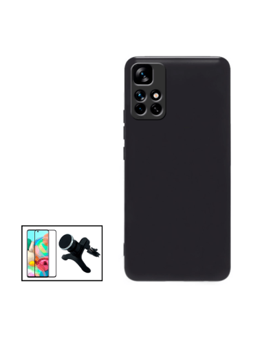 Kit Película de Vidro Temperado 5D Full Cover + Capa Silicone Líquido + Suporte Magnético de Carro Reforçado para Xiaomi Poco M4