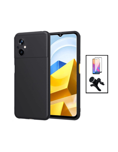 Kit Película de Vidro Temperado 5D Full Cover + Capa Silicone Líquido + Suporte Magnético de Carro Reforçado para Xiaomi Poco M5