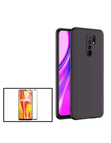 Kit Vidro Premium Full Cover + Capa Silicone Líquido para Xiaomi Redmi 9 Prime - Preto