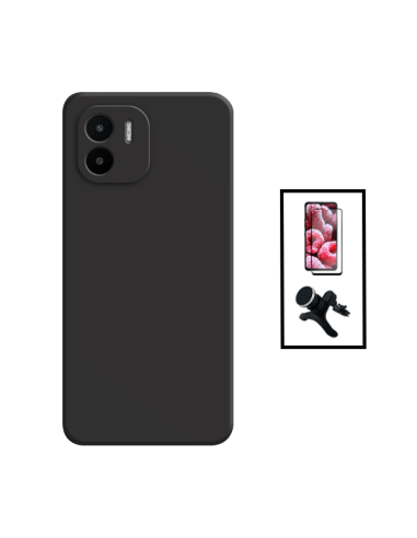 Kit Película de Vidro Temperado 5D Full Cover + Capa Silicone Líquido + Suporte Magnético de Carro Reforçado para Xiaomi Redmi A