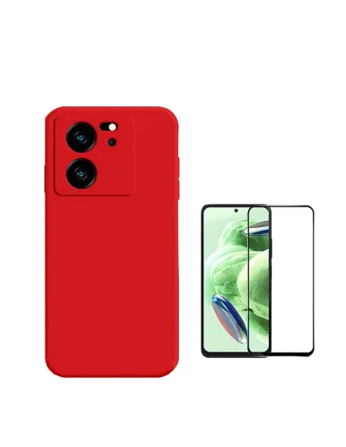 Kit Vidro Premium Full Cover + Capa Silicone Líquido  para Xiaomi 13T - Vermelho