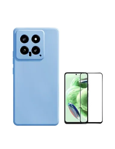 Kit Vidro Premium Full Cover + Capa Silicone Líquido  para Xiaomi 14 - Azul Claro