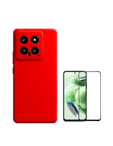 Kit Vidro Premium Full Cover + Capa Silicone Líquido  para Xiaomi 14 - Vermelho