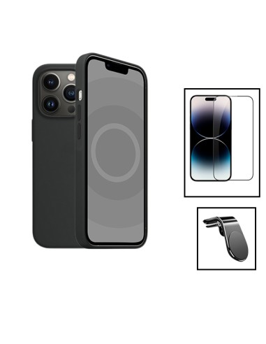 Kit Película de Vidro Temperado 5D Full Cover + Capa Silicone Líquido + Suporte Magnético L Safe Driving Carro para Apple iPhone