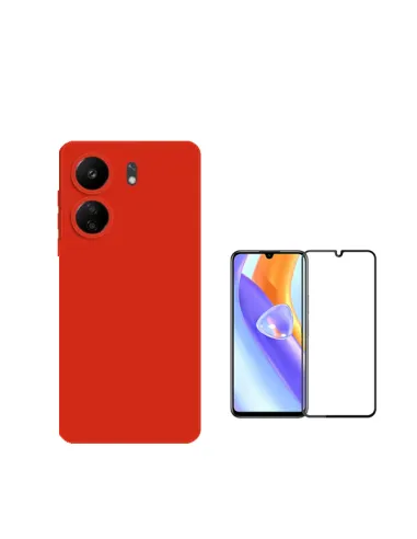 Kit Vidro Premium Full Cover + Capa Silicone Líquido  para Xiaomi Redmi 13C - Vermelho