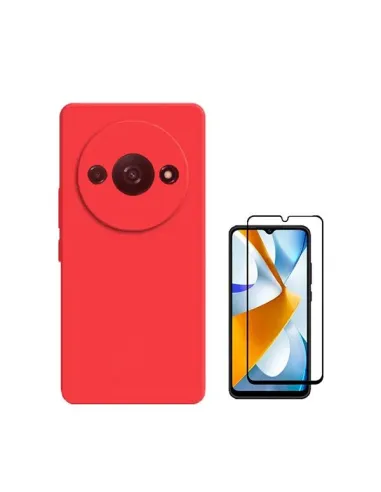 Kit Vidro Premium Full Cover + Capa Silicone Líquido  para Xiaomi Redmi A3 - Vermelho