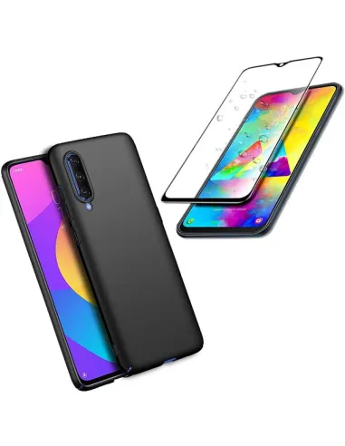 Kit Vidro Premium Full Cover + Capa Silicone Líquido Preto para Xiaomi Mi 9 Lite