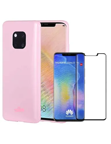 Kit Vidro Premium Full Cover + Capa Silicone Líquido Rosa para Huawei Mate 20 Pro