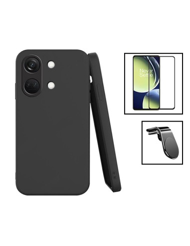 Kit Película de Vidro Temperado 5D Full Cover + Capa Silicone Líquido + Suporte Magnético L Safe Driving Carro para onePlus Nord