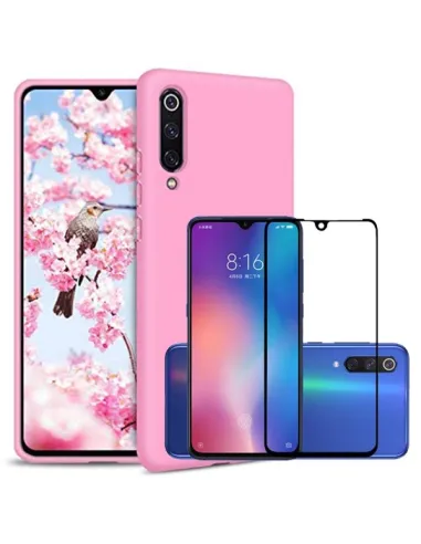 Kit Vidro Premium Full Cover + Capa Silicone Líquido Rosa para Xiaomi Mi 9