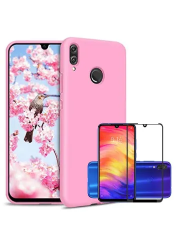 Kit Vidro Premium Full Cover + Capa Silicone Líquido Rosa para Xiaomi Redmi 7