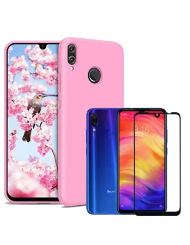 Kit Vidro Premium Full Cover + Capa Silicone Líquido Rosa para Xiaomi Redmi Note 7