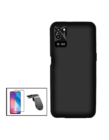 Kit Película de Vidro Temperado 5D Full Cover + Capa Silicone Líquido + Suporte Magnético L Safe Driving Carro para Oppo A56 5G