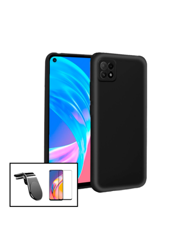 Kit Película de Vidro Temperado 5D Full Cover + Capa Silicone Líquido + Suporte Magnético L Safe Driving Carro para Oppo A73 5G