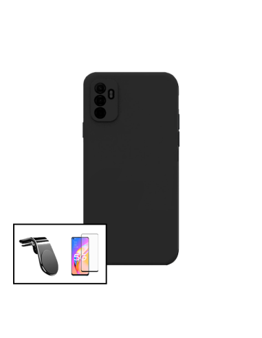 Kit Película de Vidro Temperado 5D Full Cover + Capa Silicone Líquido + Suporte Magnético L Safe Driving Carro para Oppo A94 5G