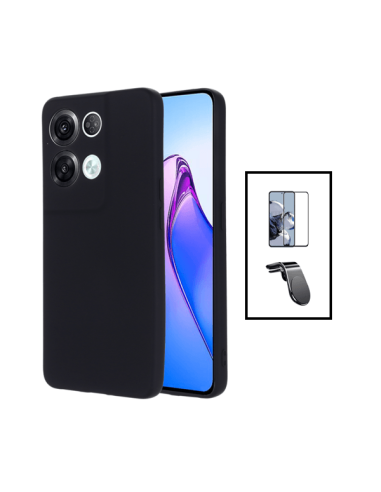 Kit Película de Vidro Temperado 5D Full Cover + Capa Silicone Líquido + Suporte Magnético L Safe Driving Carro para Oppo Reno8 P