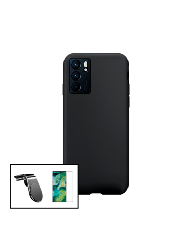 Kit Película de Vidro Temperado 5D Full Cover + Capa Silicone Líquido + Suporte Magnético L Safe Driving Carro para Oppo Reno6 5