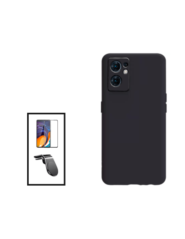 Kit Película de Vidro Temperado 5D Full Cover + Capa Silicone Líquido + Suporte Magnético L Safe Driving Carro para Oppo Reno7 S