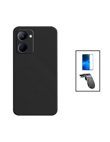 Kit Película de Vidro Temperado 5D Full Cover + Capa Silicone Líquido + Suporte Magnético L Safe Driving Carro para Realme C33 -