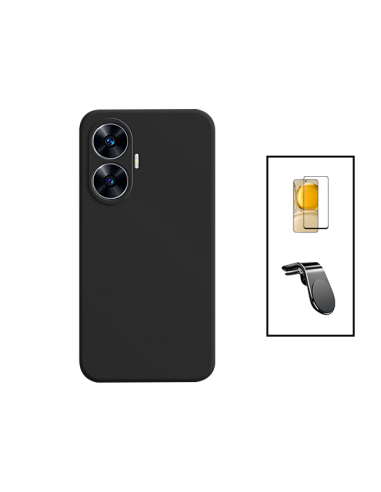 Kit Película de Vidro Temperado 5D Full Cover + Capa Silicone Líquido + Suporte Magnético L Safe Driving Carro para Realme C55 -