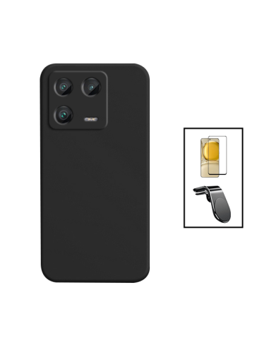 Kit Película de Vidro Temperado 5D Full Cover + Capa Silicone Líquido + Suporte Magnético L Safe Driving Carro para Xiaomi 13 - 