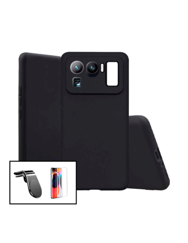 Kit Película de Vidro Temperado 5D Full Cover + Capa Silicone Líquido + Suporte Magnético L Safe Driving Carro para Xiaomi Mi 11