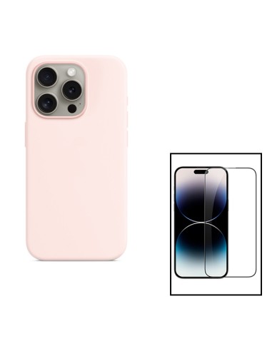 Kit Película de Vidro Temperado 5D Full Cover + Capa Silicone Líquido para Apple iPhone 15 Pro - Rosa