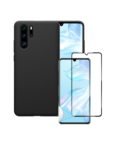 Kit Película de Vidro Temperado 5D Full Cover + Capa Silicone Líquido para Huawei P30 Pro New Edition