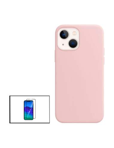 Kit Película de Vidro Temperado 5D Full Cover + Capa Silicone Líquido para iPhone 13 Mini - Rosa