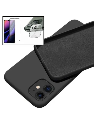 Kit Vidro Premium Full Cover + Película de Câmara Traseira + Capa Silicone Líquido para iPhone 12 - Preto