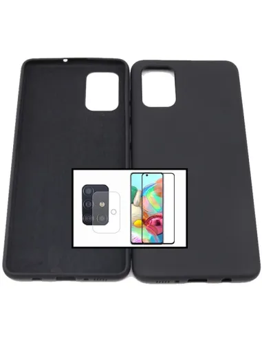 Kit Vidro Premium Full Cover + Película de Câmara Traseira + Capa Silicone Líquido para Samsung Galaxy A21s - Preto