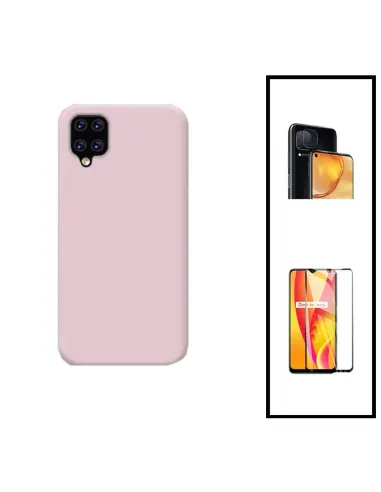 Kit Vidro Premium Full Cover + Película de Câmara Traseira + Capa Silicone Líquido para Samsung Galaxy A42 5G - Rosa