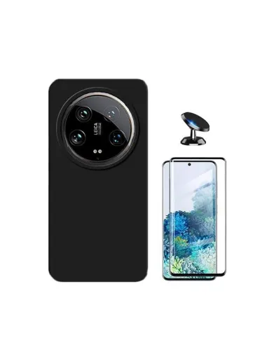 Kit Vidro Temperado Curved + Capa Silicone Líquido + Suporte Magnético para Xiaomi 14 Ultra - Preto