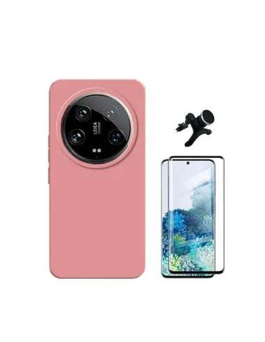 Kit Vidro Temperado Curved + Capa Silicone Líquido + Suporte Magnético Reforçado  para Xiaomi 14 Ultra - Rosa